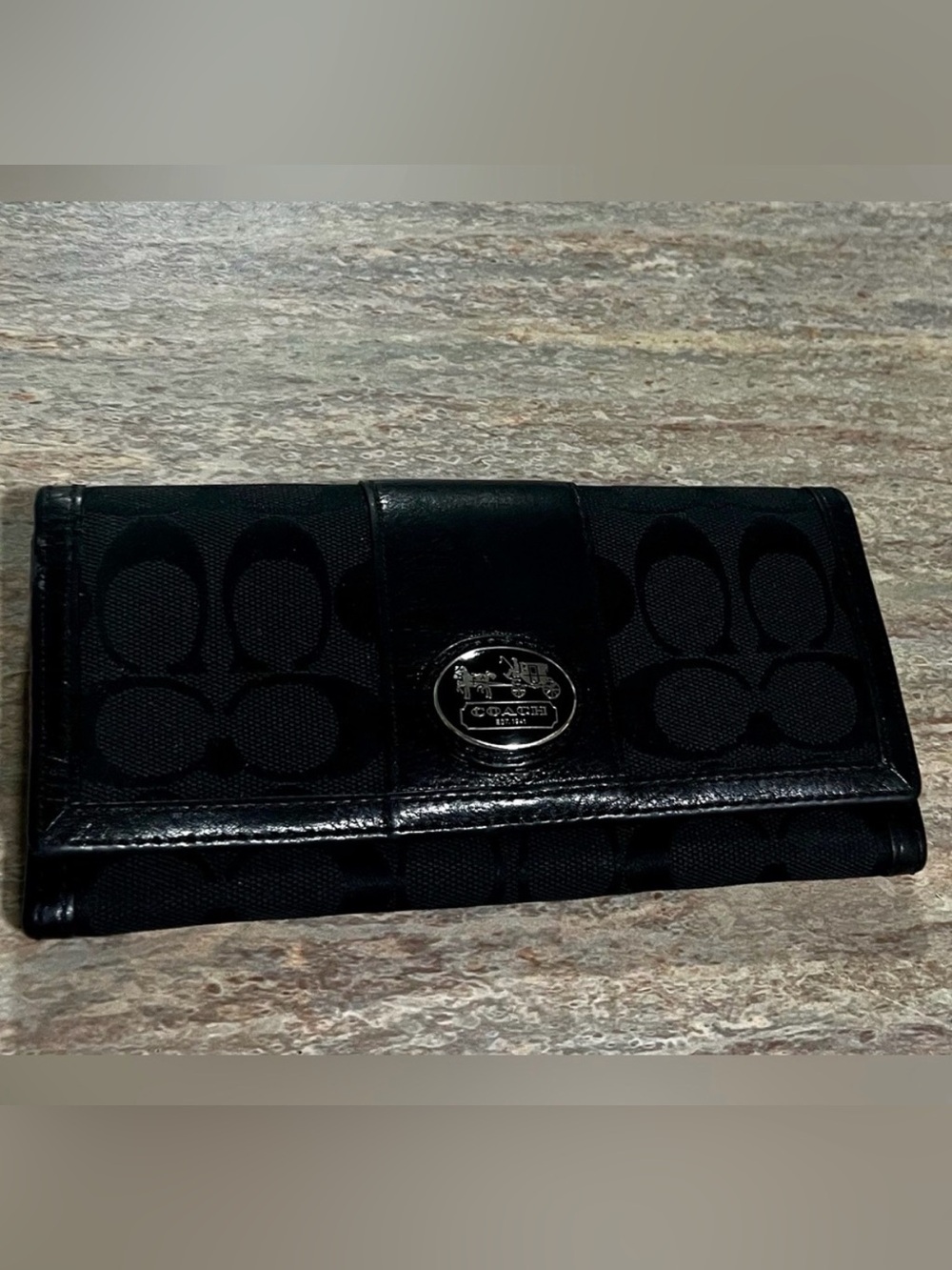 Coach Black Wallet with Signature Monogram and Glossy Leather Trim